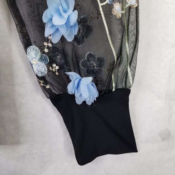 Boston Proper Blouse Sz L 3-D Floral Embellished Organza Sheer Puff Sleeve Black - Picture 8 of 16